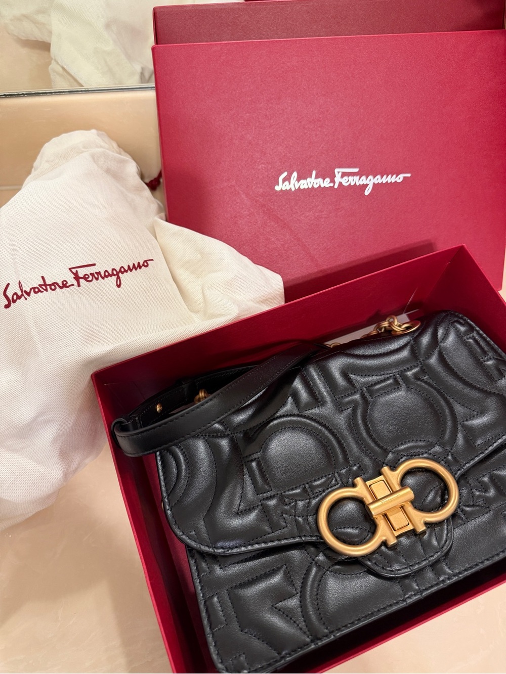 Salvatore Ferragamo Black Quilted Leather Shoulder Bag with Gold Hardware - Picture 11 of 11